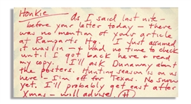Hunter S. Thompson Autograph Letter Signed -- Honkie...Hunting season is on us here - Im off for Texas...